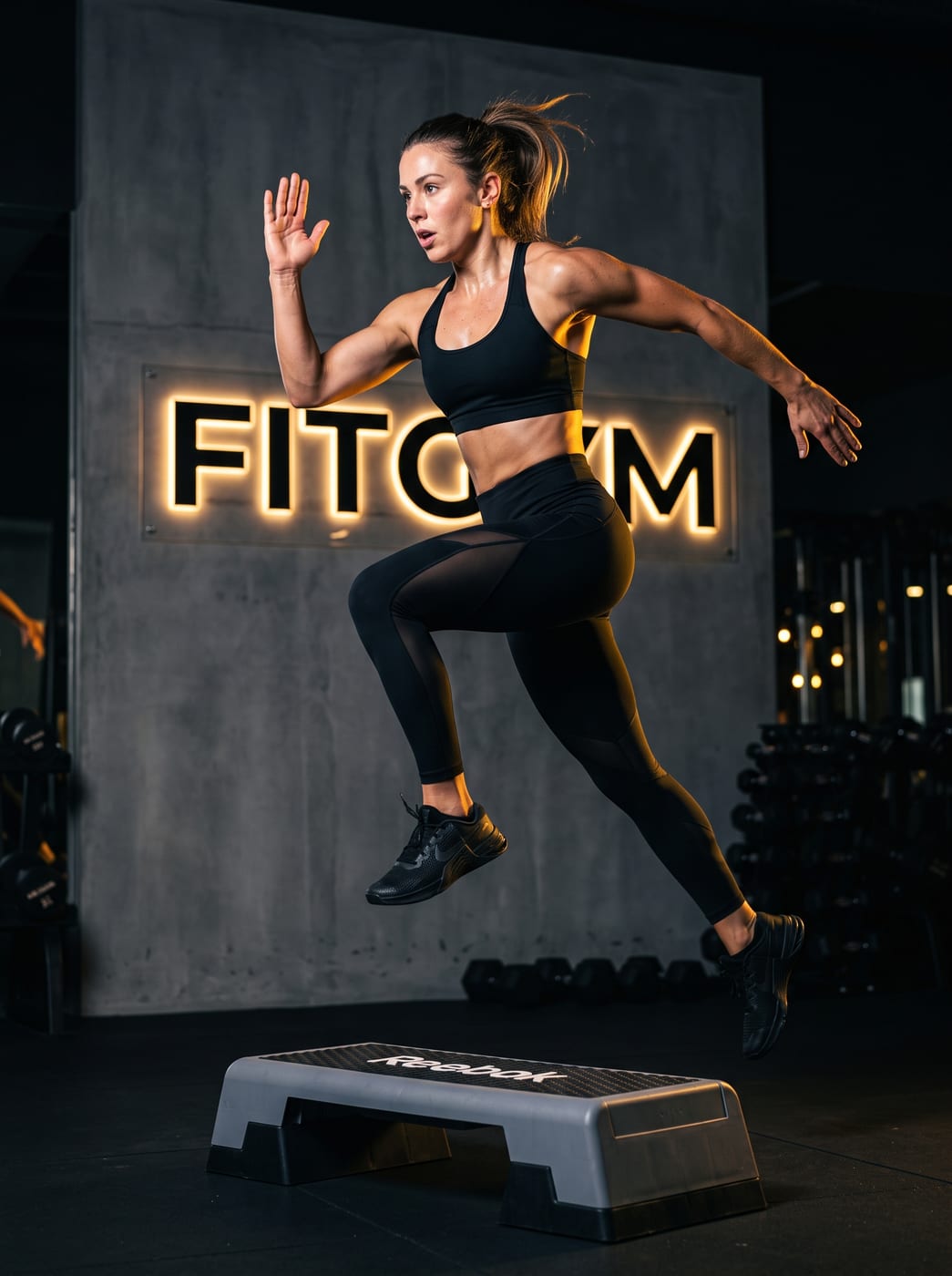 An authoritative, high-contrast visual of a rigorous aerobics session in an upscale, dark-themed gym. The participants are captured in sharp focus against a dark grey background, with intense, focused lighting creating a sense of premium quality. Subdued tones with sharp golden accents convey a disciplined, engineered approach to fitness.