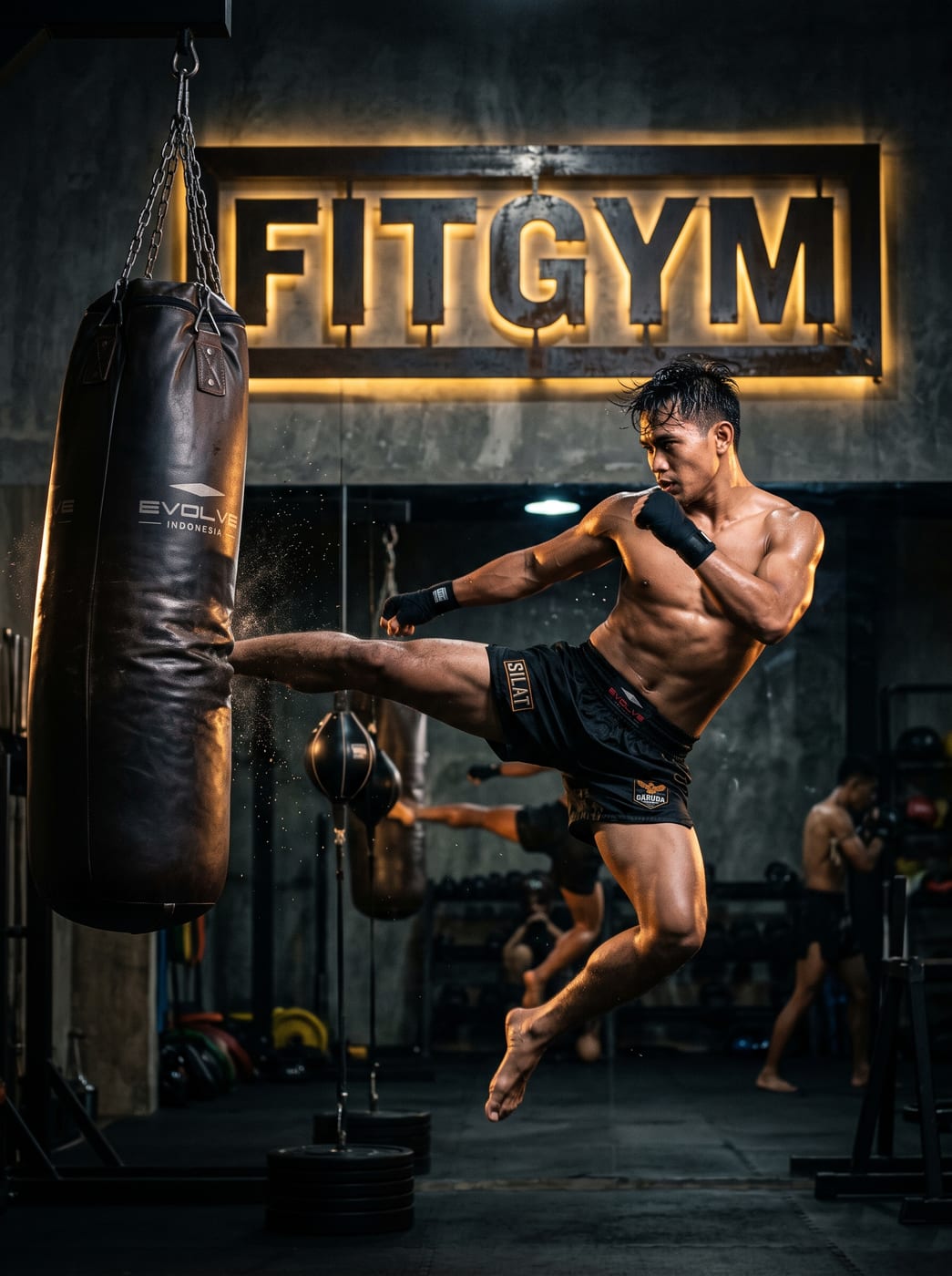 A raw, powerful photograph of a Muaythai fighter mid-kick in a dimly lit, elite training facility. The aesthetic is corporate modernism mixed with grit, featuring deep shadows, pure black mats, and stark white contrast. Golden rim lighting highlights the fighter's muscular definition, portraying intense discipline and authoritative strength.